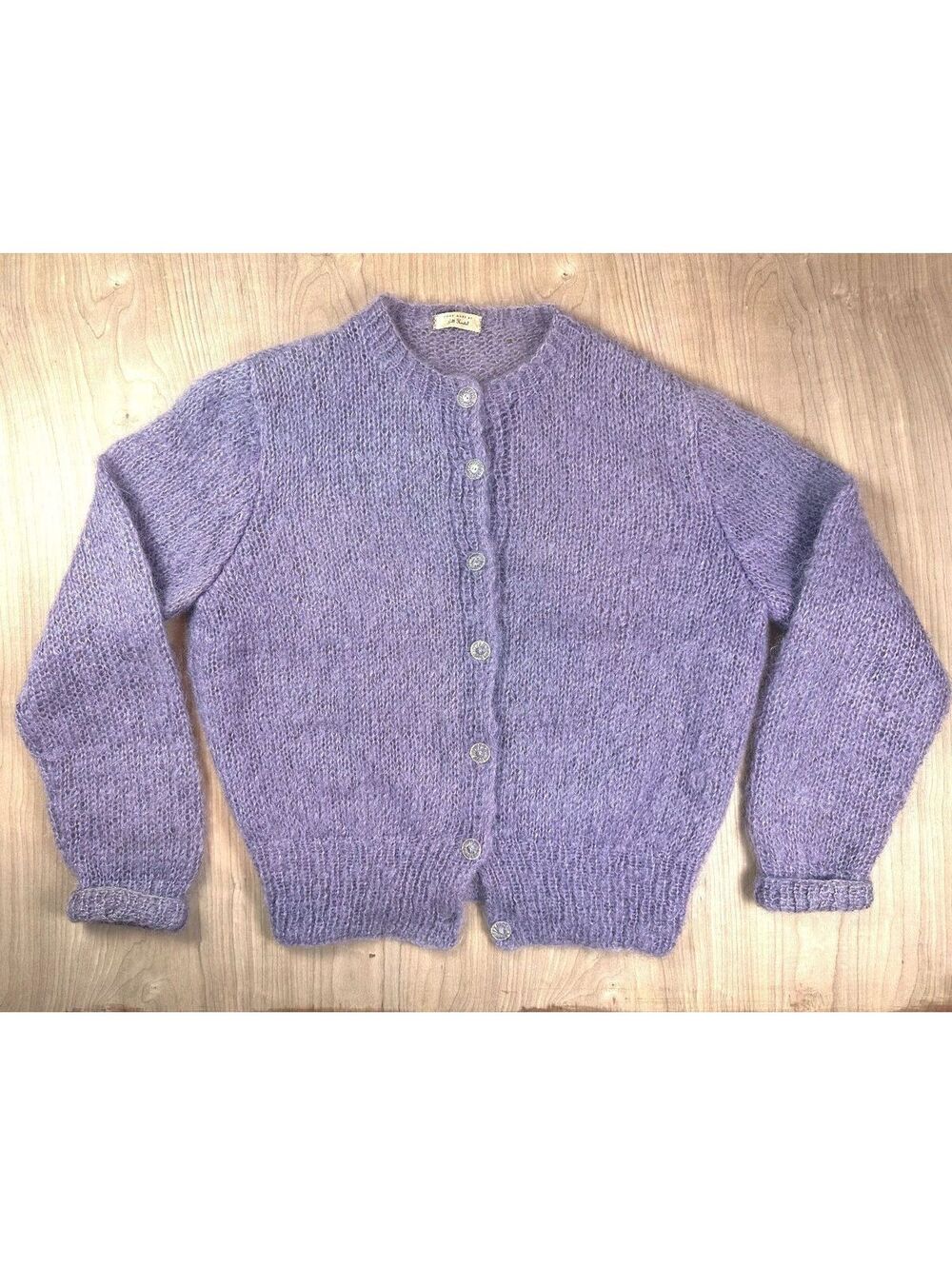 Vintage 70s Handknit Mohair Cardigan lavender medium lilac handmade sweater